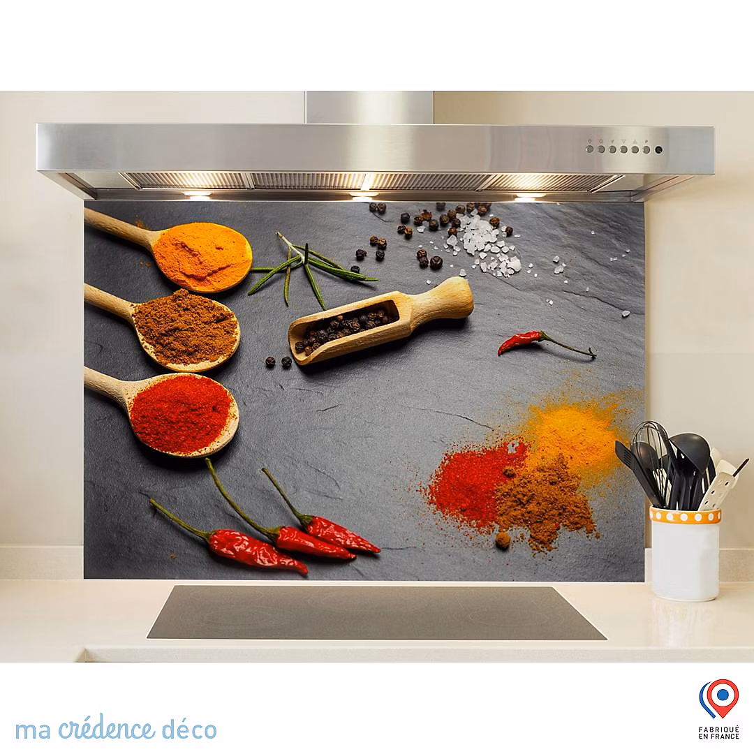Crédence cuisine fond de hotte Epices sur ardoise 2 – Alu composite, L 60 cm x H 45 cm, MaCrédenceDéco