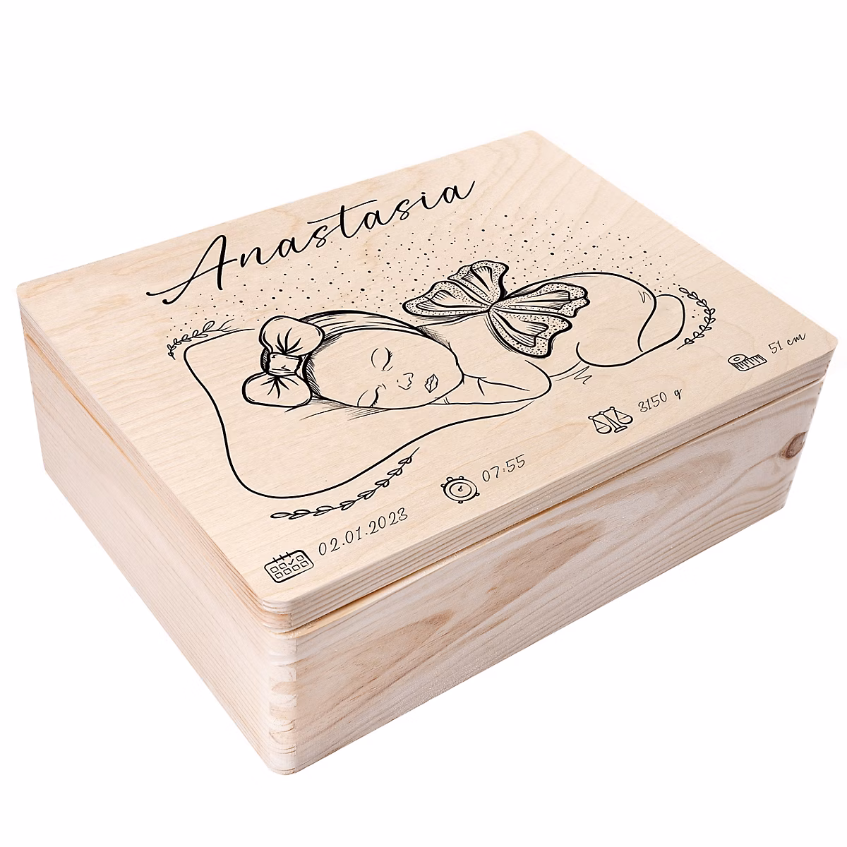 Creative Deco Boîte à Souvenirs Bébé Personnalisée – 40 × 30 × 14 cm, Cadeau Naissance Fille, Boîte en Bois Personnalisable