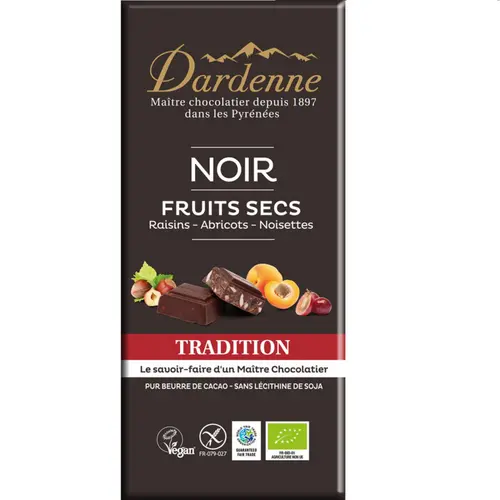 Tablette de chocolat noir bio tradition aux fruits secs Dardenne - 120 g