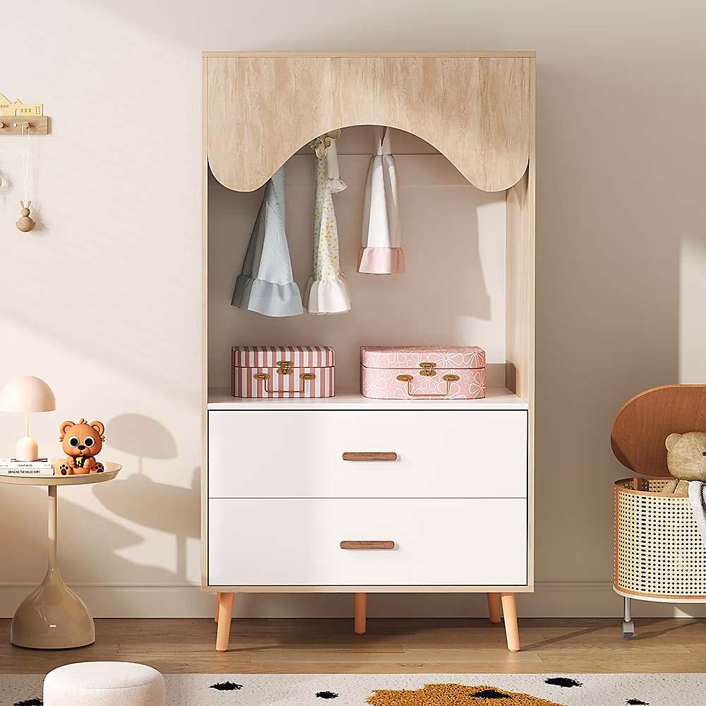 Armoire pour enfants avec tringle et tiroirs – 80 × 46 × 141.5cm,blanc + bois naturel,poignées en bois massif
