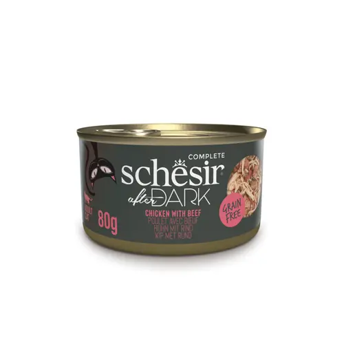 Alimentation humide pour chat filets en bouillon poulet avec bœuf Schesir After Dark - boîte de 80 g