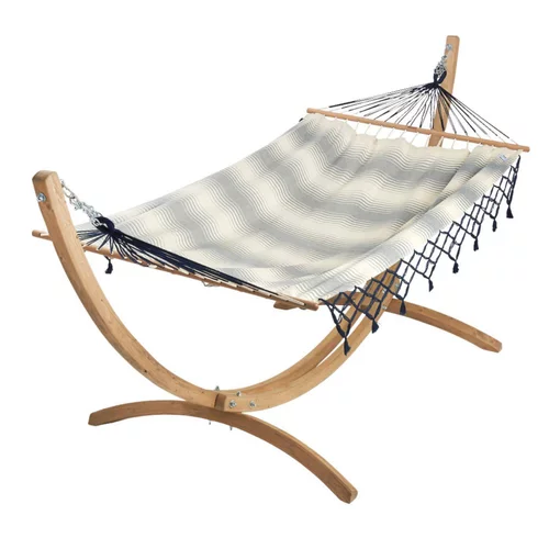 Set support et hamac EsKapade coloris rayé marine à franges bleues en bois et polypropylène Jobek Hamacs - 323 x 125 x 128 cm