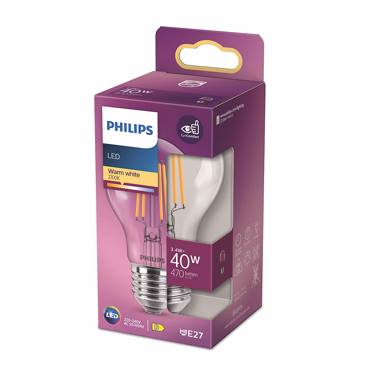 Ampoule LED E27 filament transparent 470 lm blanc chaud 3 – 4 W Philips