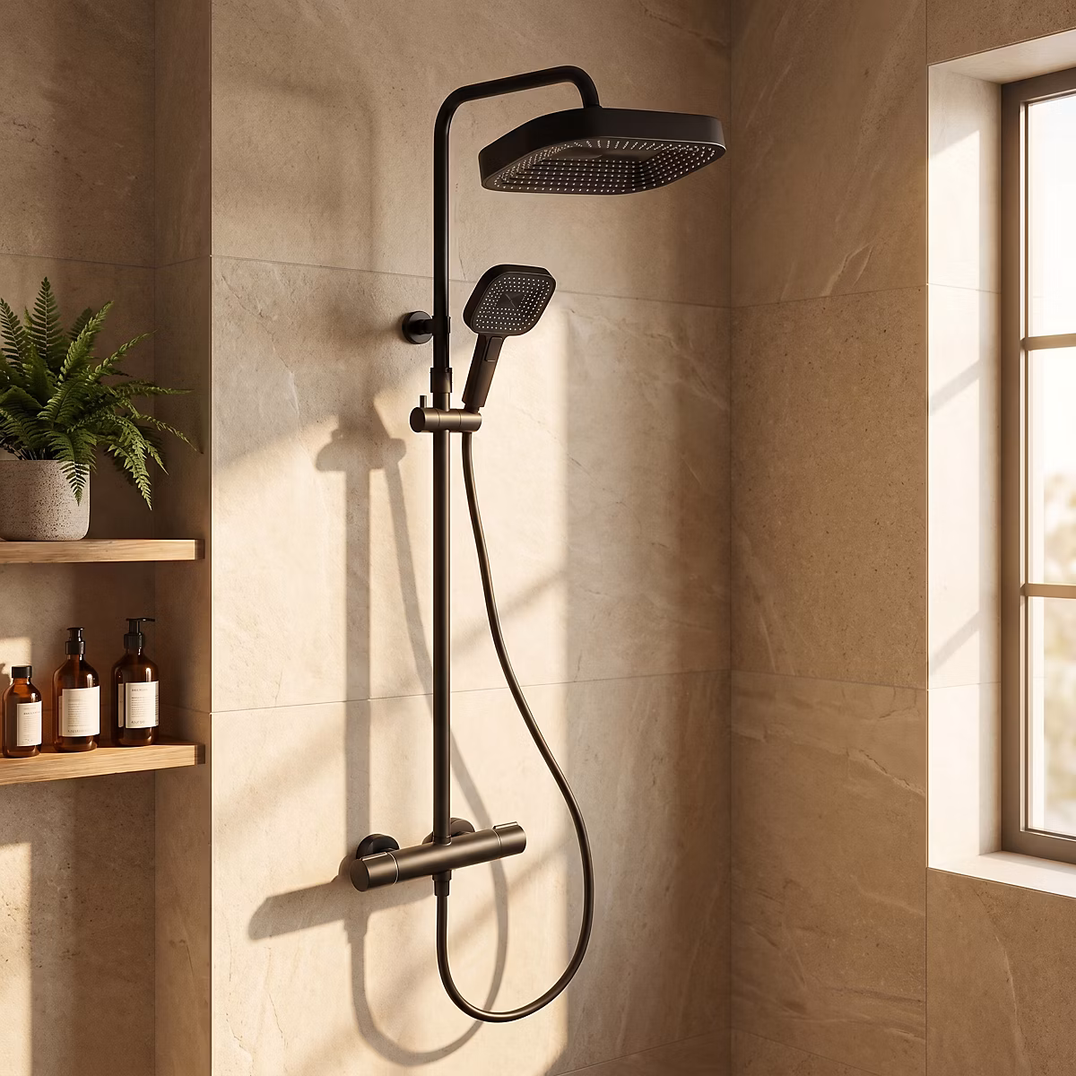 Colonne de douche thermostatique avec pommeau + douchette 1 jet + flexible – noir, Essebagno Encarre