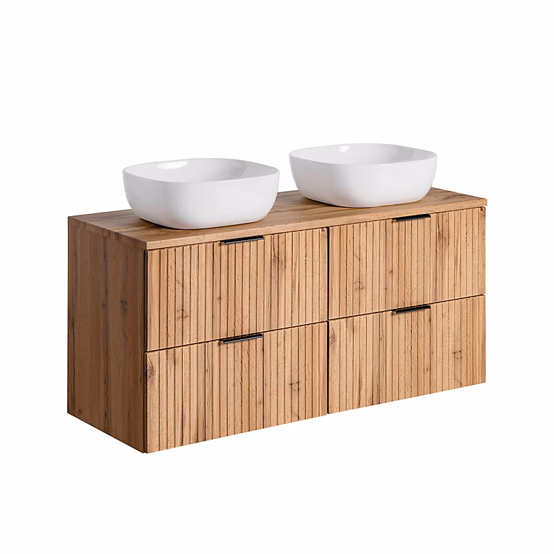 ENSEMBLE MEUBLE SALLE DE BAIN 120 CM AVEC PLAN – 2 VASQUES SMILE ET 2 MEUBLES ADEL OAK