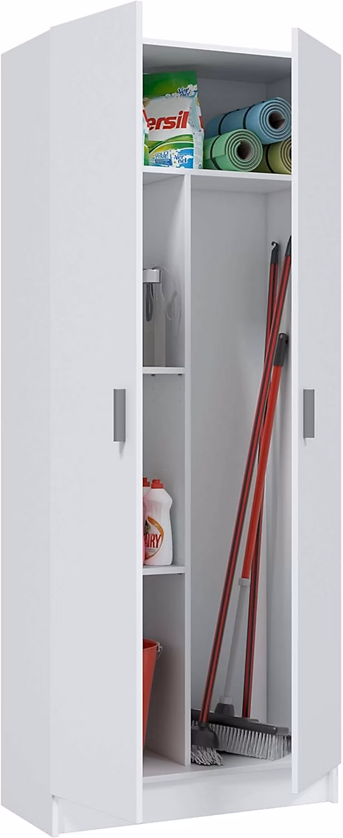 Armoire rangement nettoyage 2 portes en mélamine coloris blanc – Dim : H180 x L73 x P37 cm