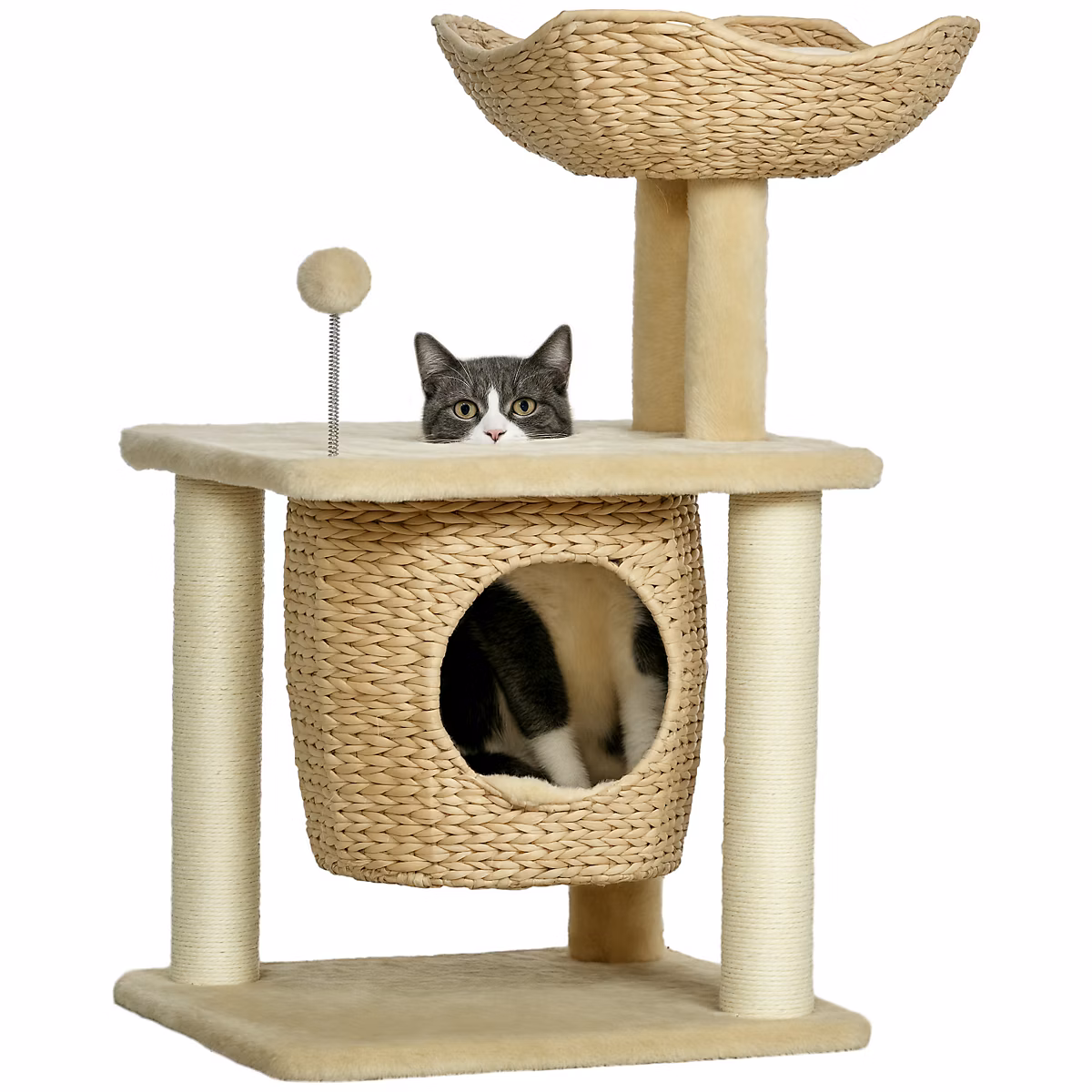 Arbre à chat style cosy chic griffoirs boule ressort niche panier 2 coussins inclus quenouille sisal naturel peluche beige | Chat