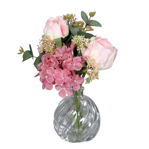 Bouquet de fleurs artificielles rose avec vase en verre - 24 cm