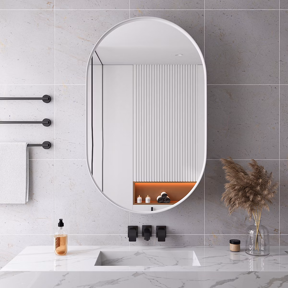 Armoire à miroir ovale blanche avec cadre métal – armoire murale à étagères réglables, rangement salle de bain, salon ou chambre