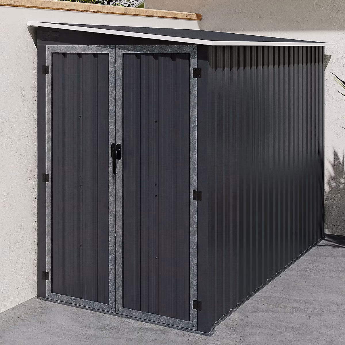 Abri de jardin adossé 3 m² gris en acier galvanisé avec base double porte latérale – Réf. MAYKDQWJJ3669471664