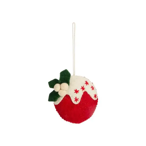 Décoration à suspendre boule enneigée en feutrine rouge, blanc et vert - 3,7 x 5 cm