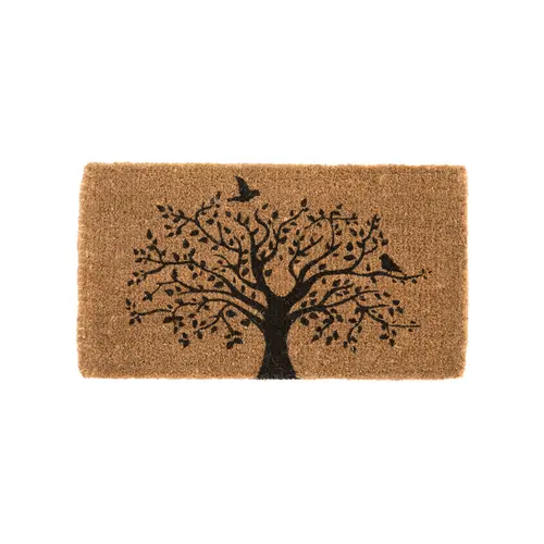 Paillasson en fibre de coco naturel motif arbre de vie noir - 72 x 40 cm