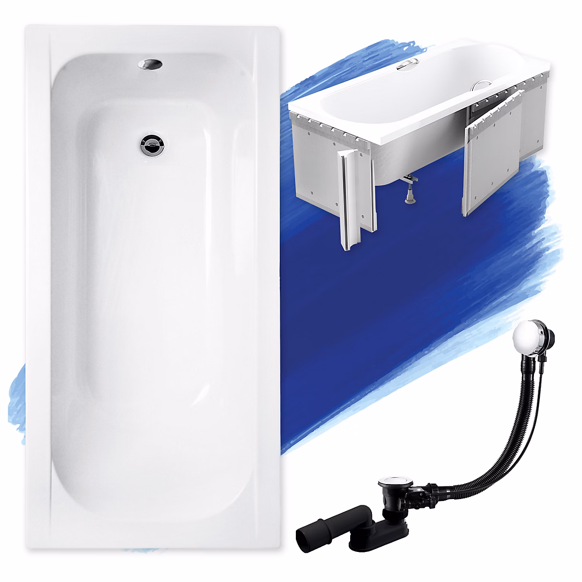 Baignoire rectangulaire 140 x 70 CONTINEA acrylique blanc + Habillage en polystyrène + Pieds + Vidage à chromé | Baignoire