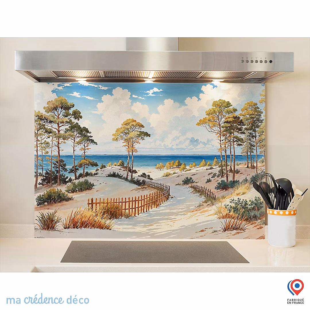 Crédence cuisine fond de hotte Dune – Arbres et mer, Sud ouest, Aquarelle 2, Alu composite, L 90 cm x H 70 cm, MaCrédenceDéco