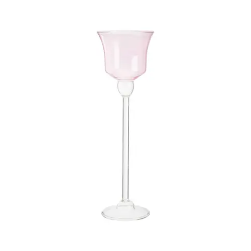 Photophore forme tulipe en verre rose - Ø 8,5 x H 28 cm