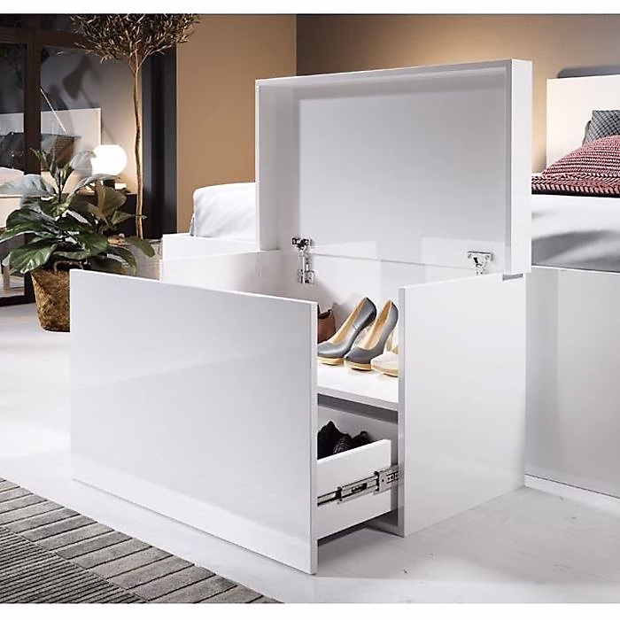 Coffre à chaussures brillant – Blanc, 2 portes 1 tiroir, 75 × 44 × 46 cm