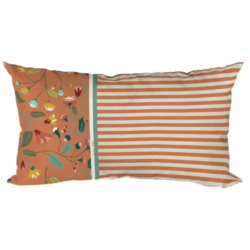 Coussin déco en polyester/coton rayé et fleuri coloris terra Victorine - 50 x 30 x 15 cm