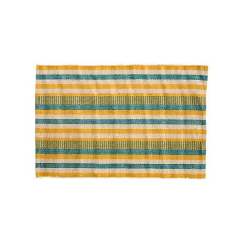 Tapis tissé à lignes jaunes et bleues en coton - 60 x 90 cm