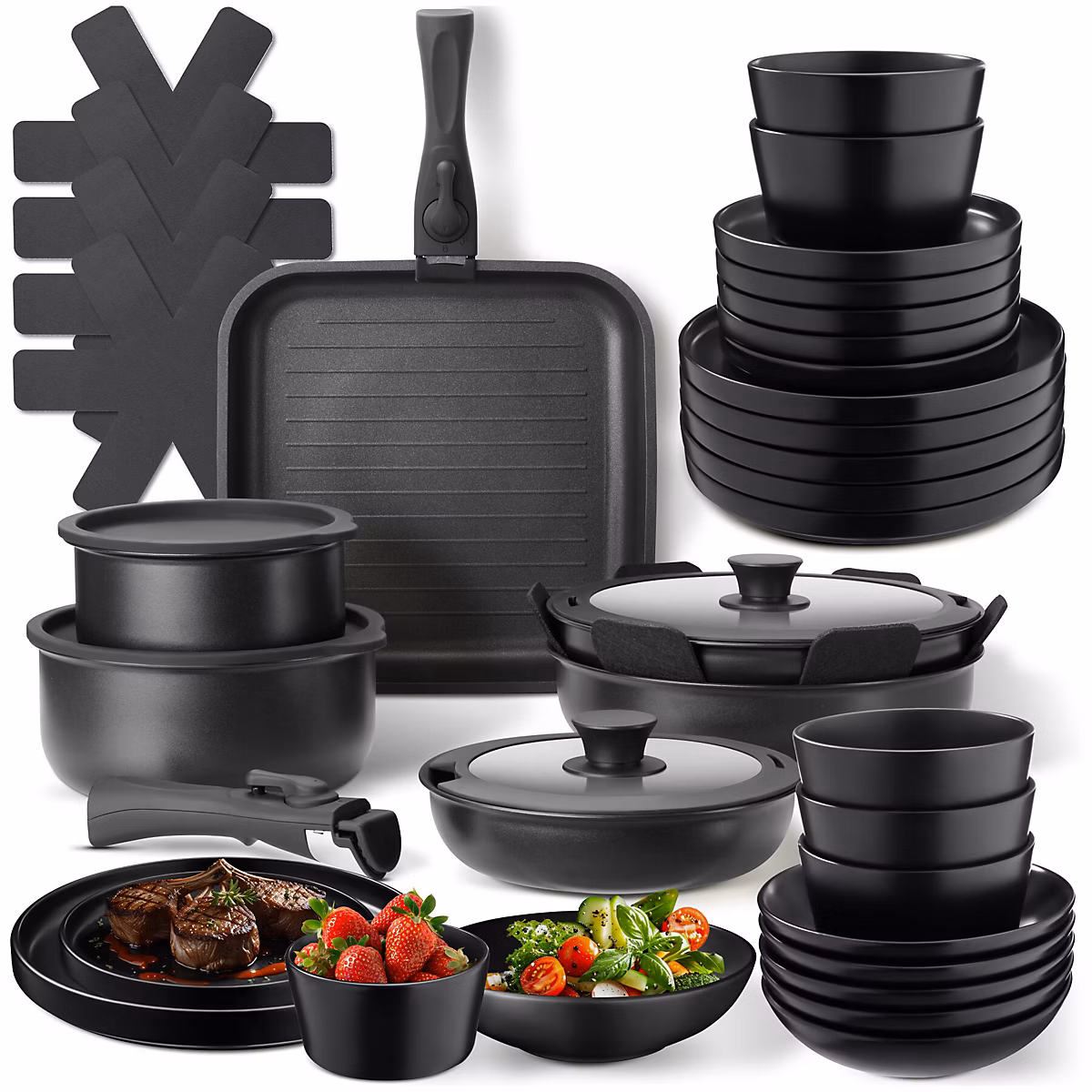 Ustensile de cuisine – Ensemble de vaisselle et kit de cuisine Service de table en grès émaillé noir