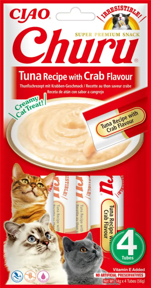 Friandise en crème pour chat thon avec saveur crabe Inaba Ciao Churu - 4 x 14 g