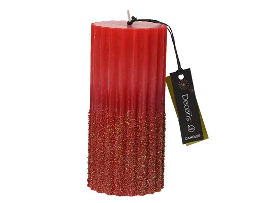 Bougie pilier rouge Noël avec paillettes or - Ø 7 x H 15 cm