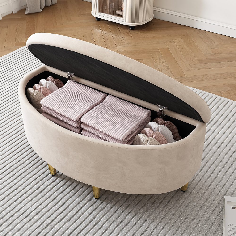 Banc de rangement en velours – Tabouret capitonnée avec assise rembourrée et pieds en métal doré, moderne pour salon/chambre, Beige