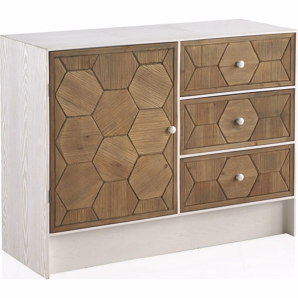 Commode blanche bois de fresno porte et tiroirs décor hexagonal 105 × 40 × 80 cm Blanc vieilli et bois naturel