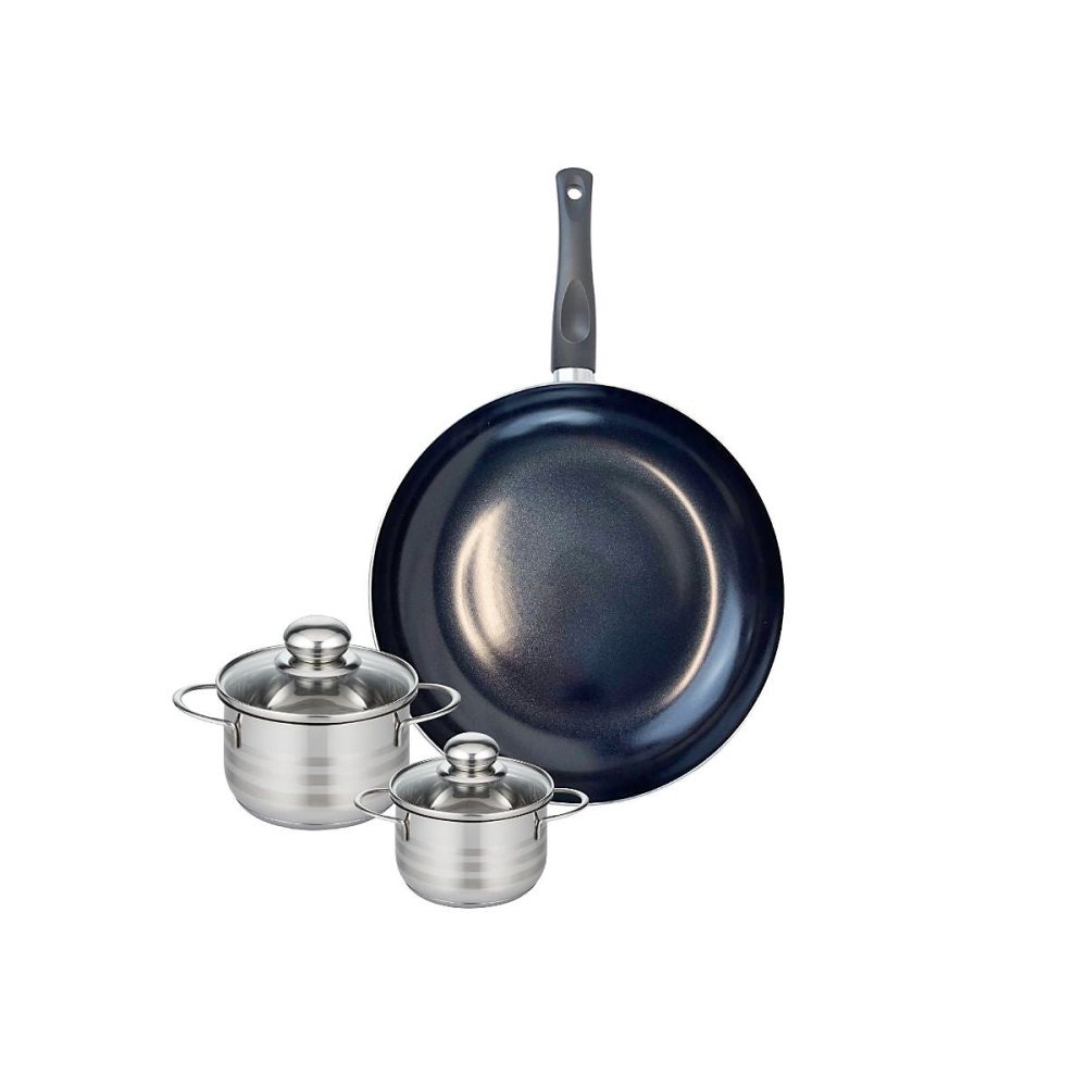 Matériel de cuisson – Ensemble de 1 Poêle de cuisson 32 cm et 2 faitouts 12 et 14 cm Elo Prima Brillant