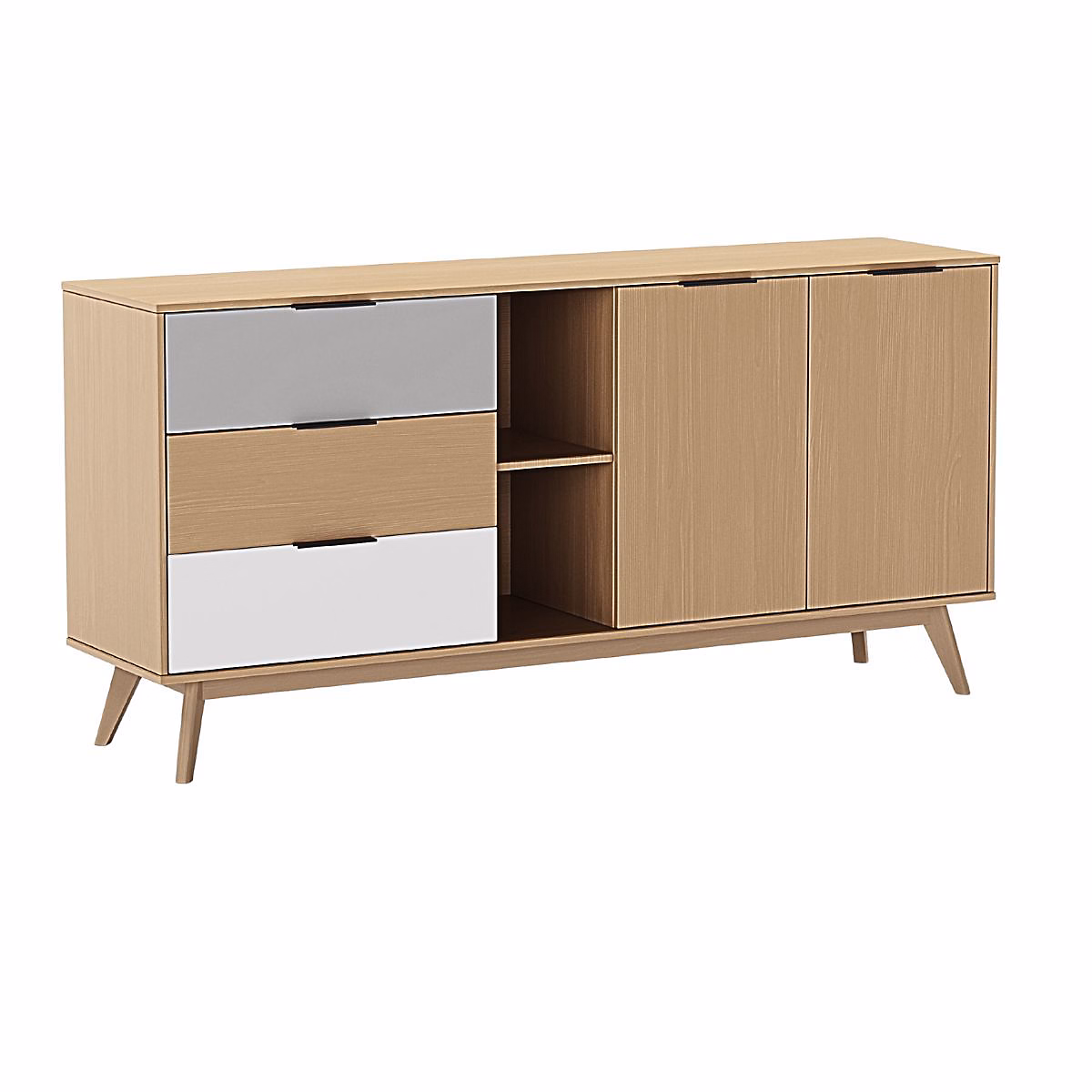 BORGH – Buffet 165cm 2 Portes 3 Tiroirs Scandinave Pin Massif Gris, Blanc et Effet Chêne