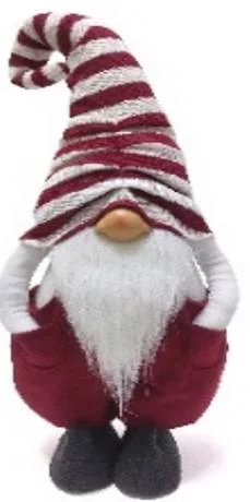Gnome debout rouge à bonnet rayé - 21 x 41 x 71 cm