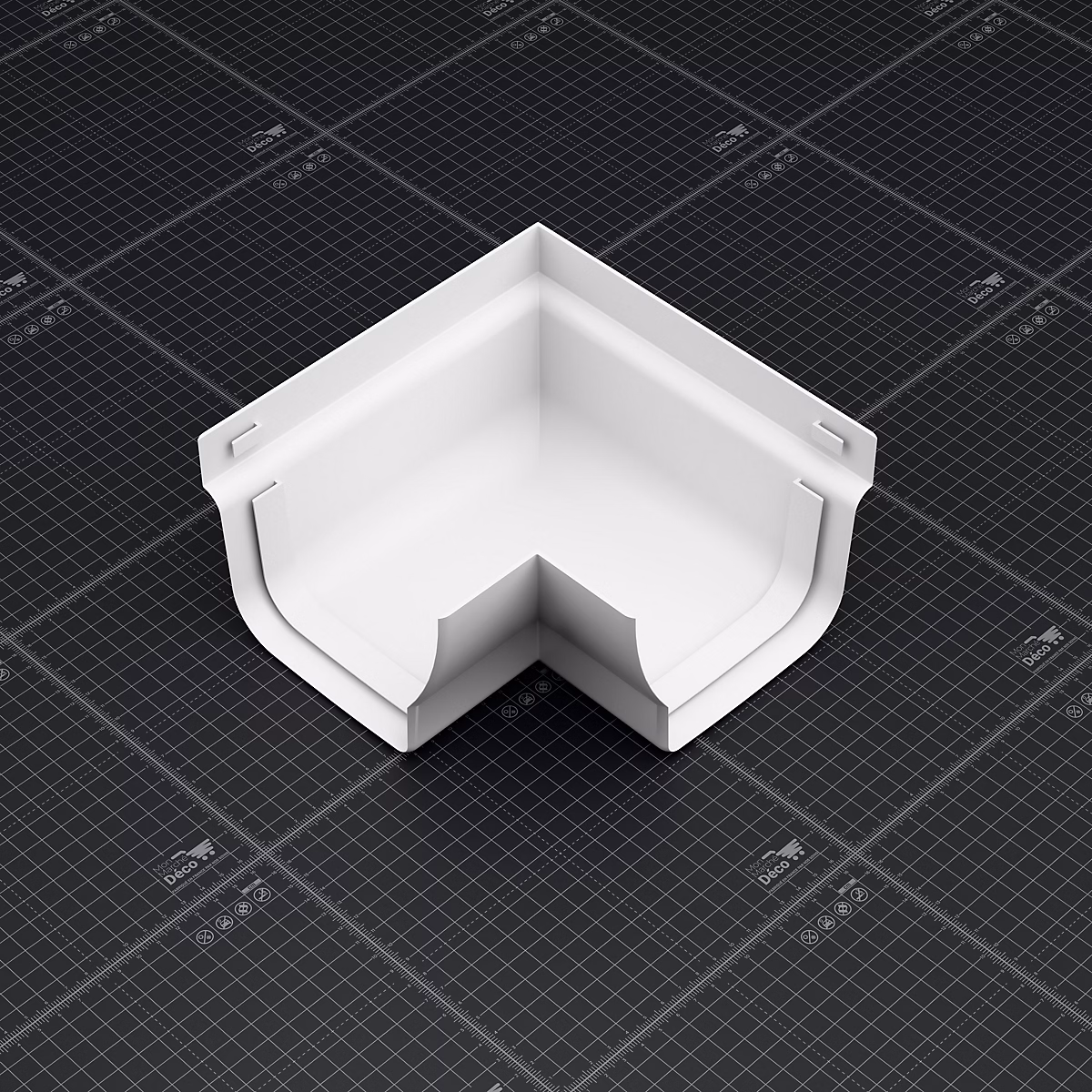 Angle ext. 90 deg face plane / Angle int. 90 deg face galbée pour Gouttière PVC Moulurée – Blanc