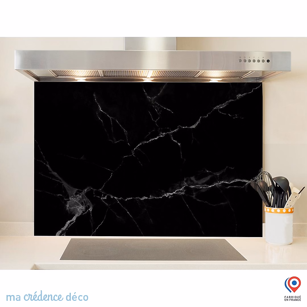 Crédence cuisine fond de hotte Marbre noir 2 – Verre trempé, L 90 cm x H 70 cm, MaCrédenceDéco