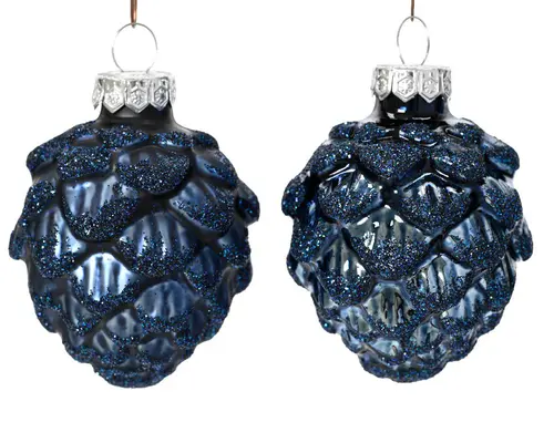 Boîte de 12 pommes de pin en verre bleu nuit brillant et mat - Ø 5 x H 7 cm
