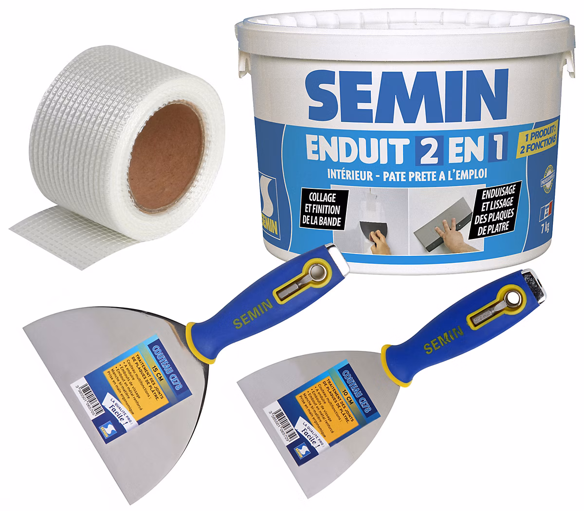 Bande Grillagée Adhésives pour Plaques de Plâtre SEMIN | 20 m – Enduit 2 en 1 Multifonctions – Seau de 7 kg – Couteau à Enduire – 10