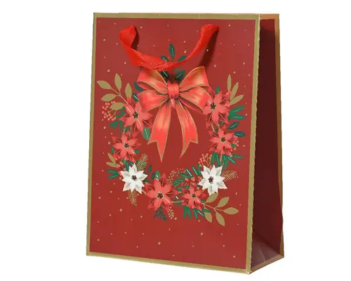 Sac cadeau en papier métallisé rouge décor couronne et nœud grand modèle - 12 x 30 x 42 cm
