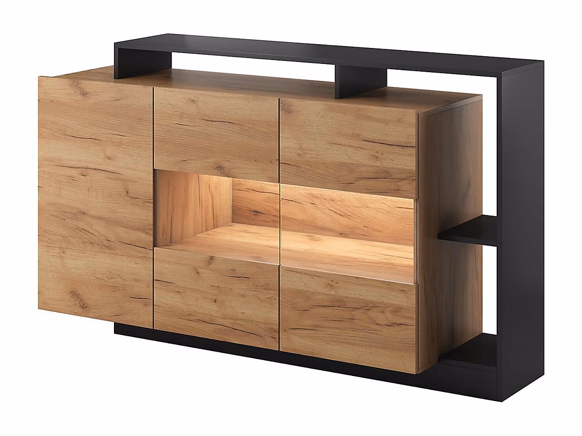 Buffet 3 portes et 3 niches avec LEDs – Coloris : Naturel et anthracite, IDESIA
