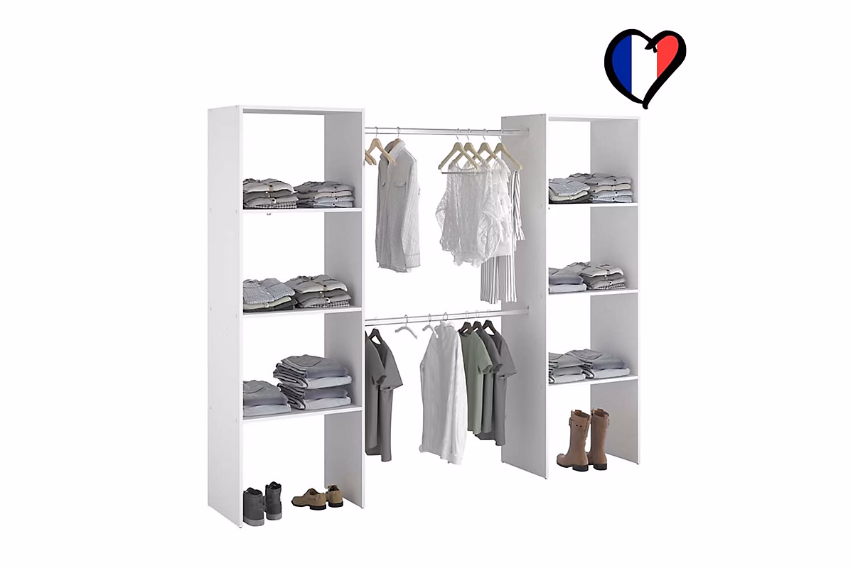 Dressing blanc 6 étagères 2 penderies 220 × 40 × 180 cm ELYSEE