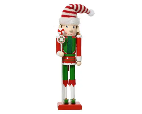 Casse-noisette lutin rouge et vert à poser en bois de pin - 7,5 x 6 x 30 cm