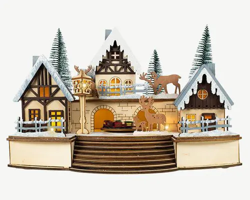 Scénette village en bois musical à 10 LED blanc chaud sur piles - 30 x 18 x 20 cm