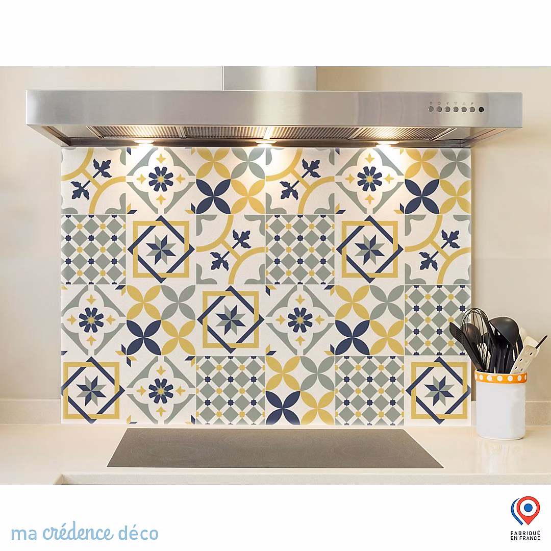 Crédence cuisine fond de hotte Carreaux ciments jaune – Verre trempé | L 70 cm x H 60 cm | MaCrédenceDéco