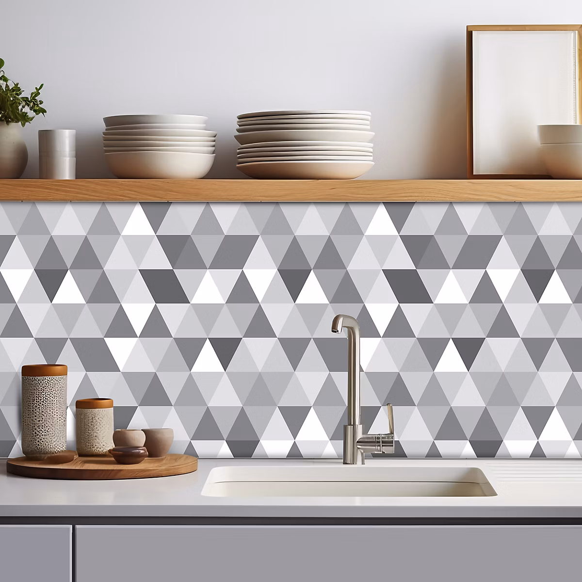 Crédence adhésive triangle blanc et gris – 40 × 300cm