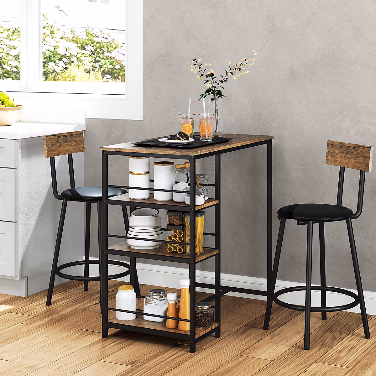 Ensemble table et chaise – Ensemble table de bar avec 2 tabourets en acier et décor chêne avec étagères