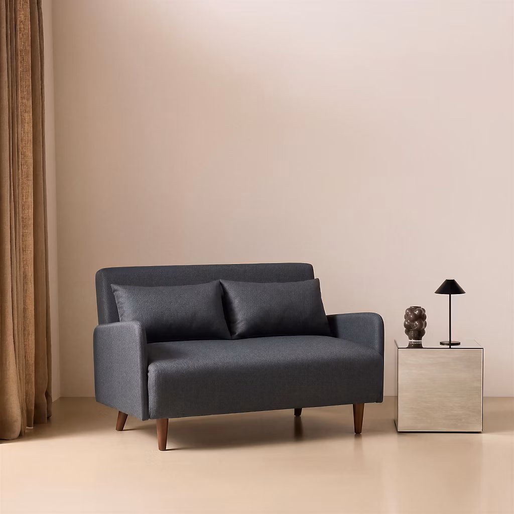 Canapé convertible en tissu | Panam – 2 places scandinave. pieds bois foncé. gris foncé. banquette. dossier inclinable