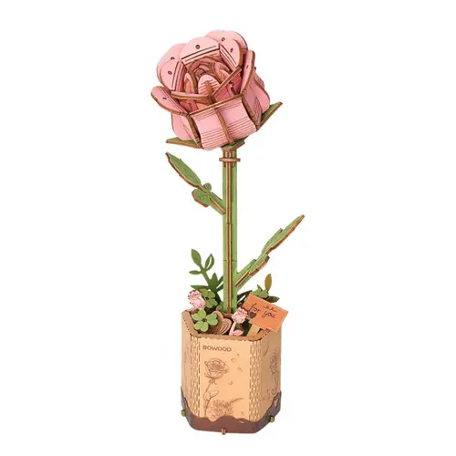 Fleur en bois à assembler Rose rose Rowood - H 24,5 cm