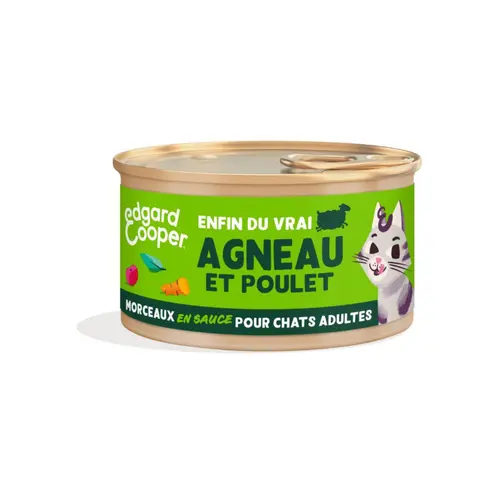 Pâtée pour chat adulte à l'agneau et au poulet morceaux en sauce sans céréales Edgard & Cooper - 85 g
