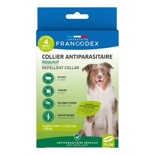 Collier insectifuge pour grand chien de plus de 20 kg coloris blanc Francodex - Ø 72 cm