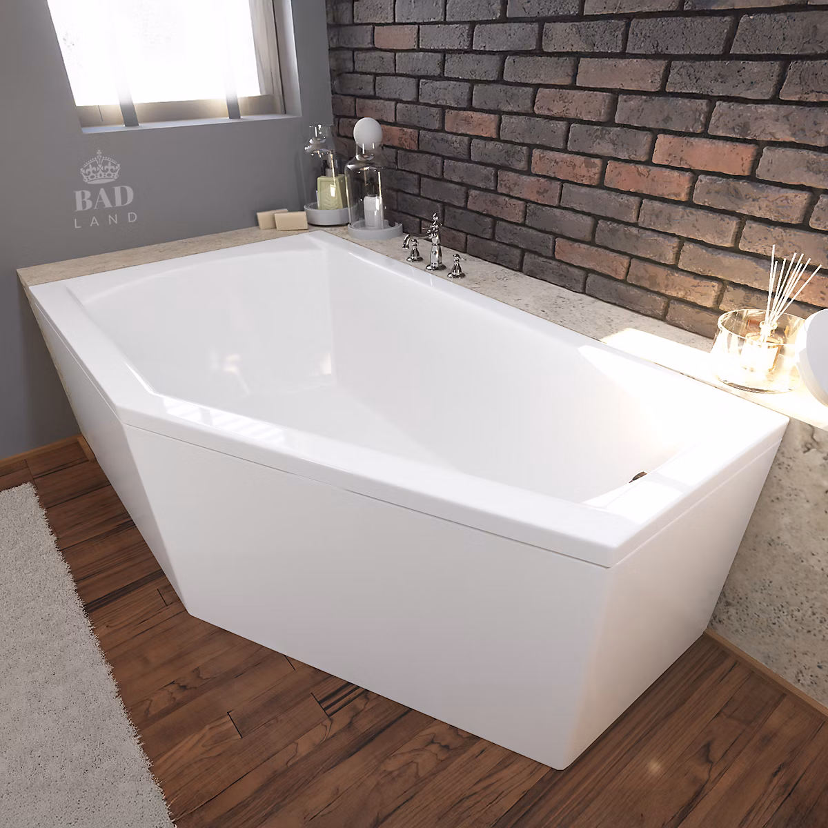 Baignoire asymétrique 160 x 90 Gauche SELENA acrylique blanc + avec Tablier + Pieds + Vidage à chromé | Baignoire