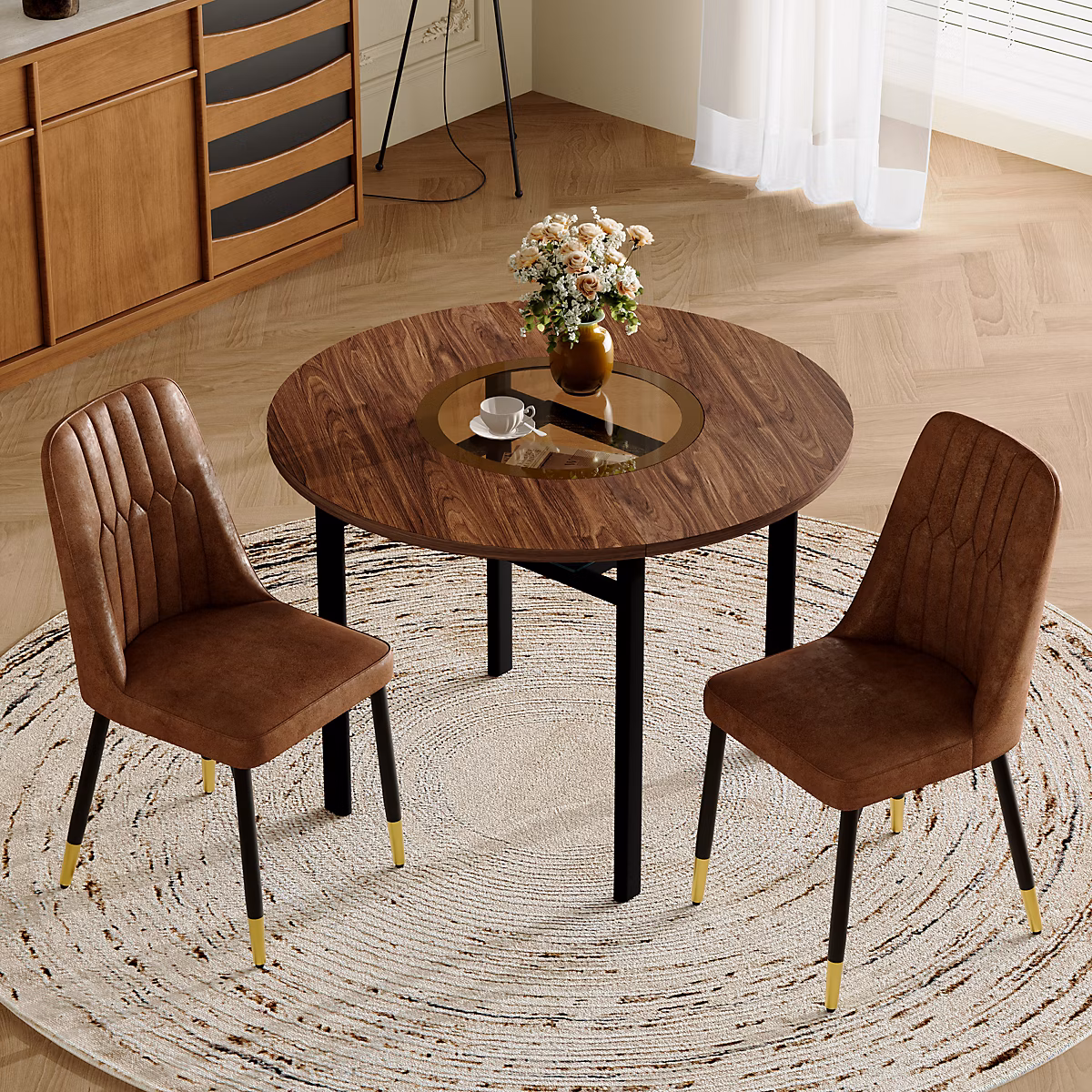 Ensemble table à manger ronde 100 cm et 2 chaises marron en MDF et métal noir – Réf. VHMJPOSJW3004184572