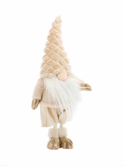 Gnome en tissu avec bonnet tufté beige et chaussons dorés - 22 x 16 x 48 cm