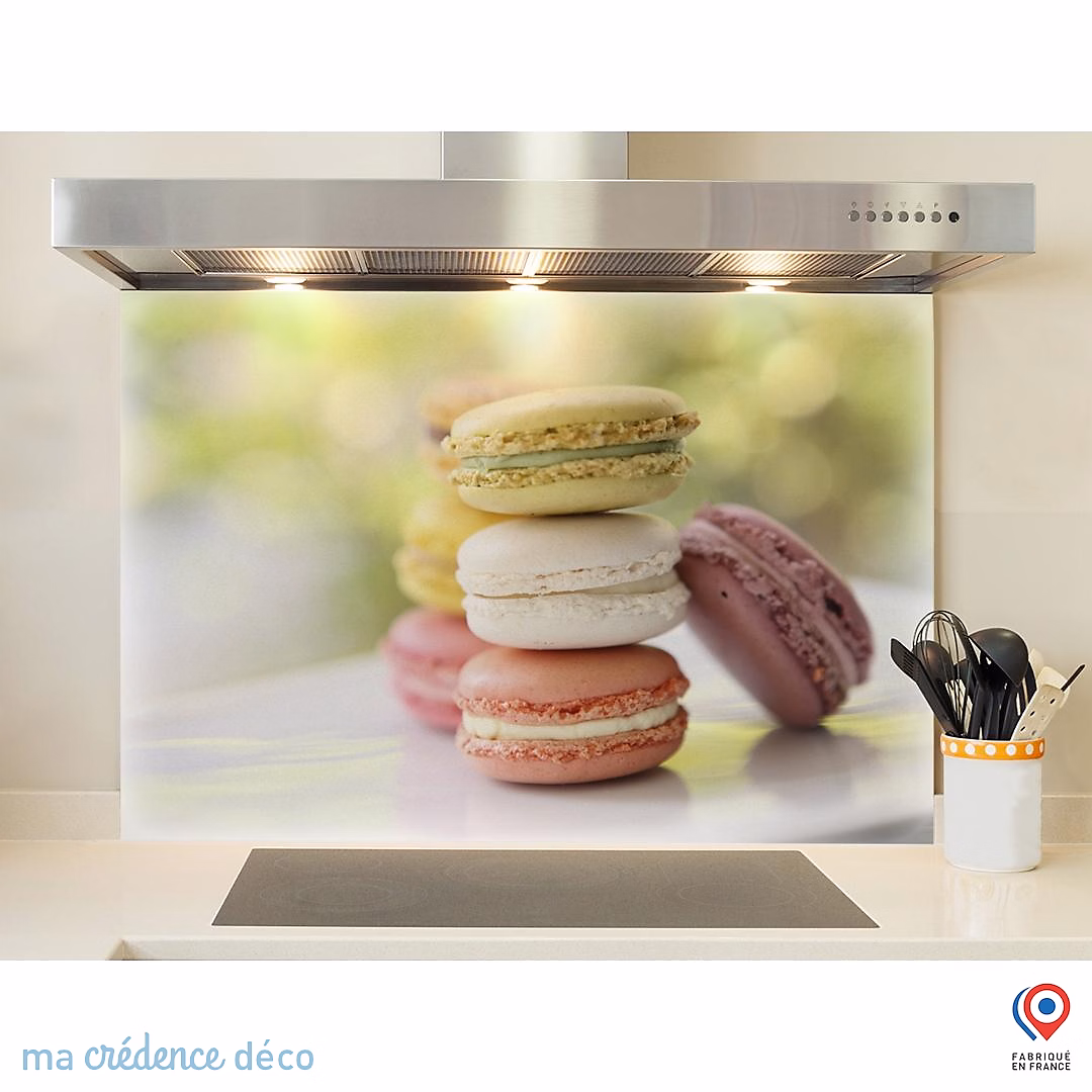 Crédence cuisine fond de hotte Macarons colorés – Verre trempé | L 90 cm x H 50 cm | MaCrédenceDéco